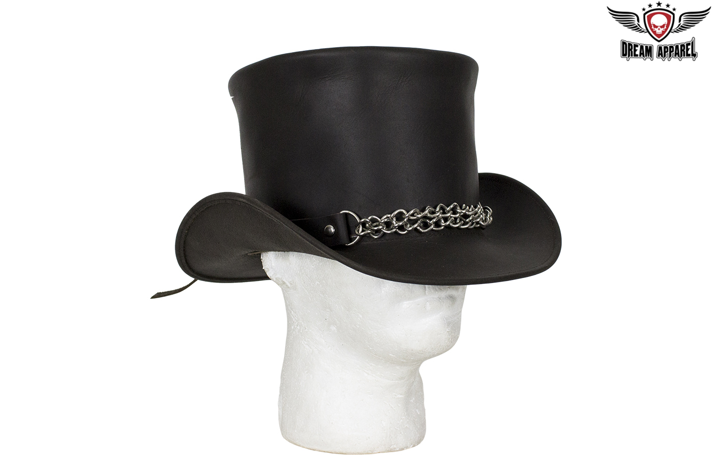 Men's Black Leather Deadman Top Hat with Chrome Chain Steampunk Hat 