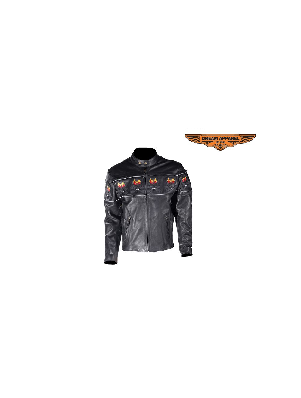 Mens Black Racer Leather Motorcycle Jacket With Flaming Skulls