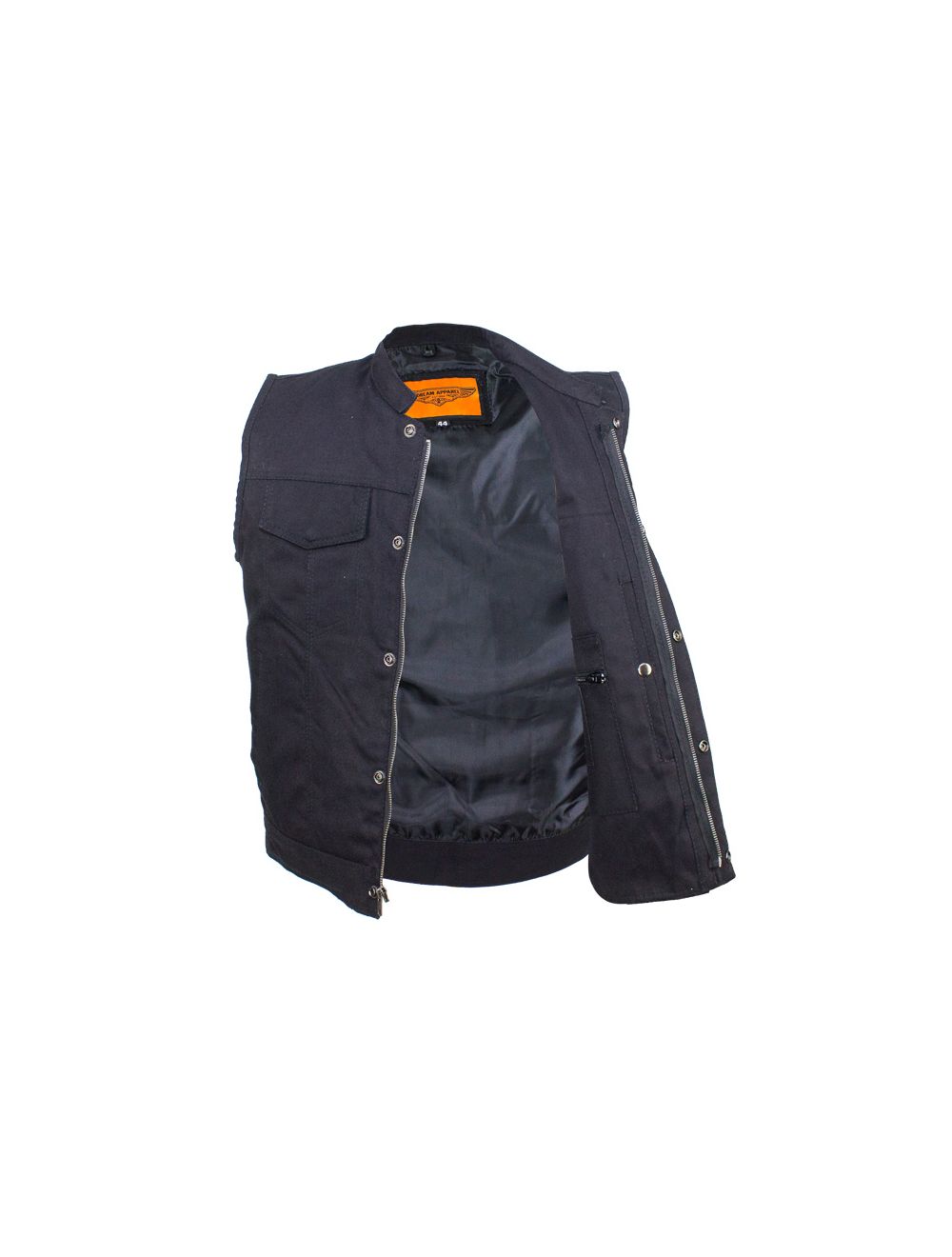 Mens Black Denim Motorcycle CLUB VEST® with Zipper & Button Snap Front  Closure, Gun Pockets