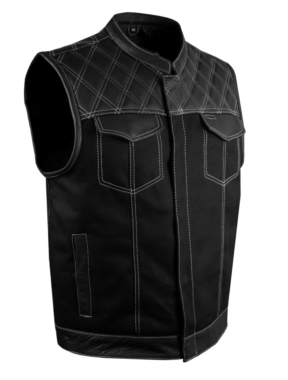 Mens Black Denim & Leather Motorcycle Club Vest White Thread Zipper ...