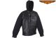 Black Leather Jacket with Removable Canvas Sleeves & Hoodie
