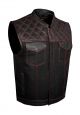 Mens Black Denim & Leather Motorcycle Club Vest Red Thread Zipper Front, Diamond Padding