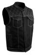 Mens Black Denim & Leather Motorcycle Club Vest White Thread Zipper Front, Diamond Padding